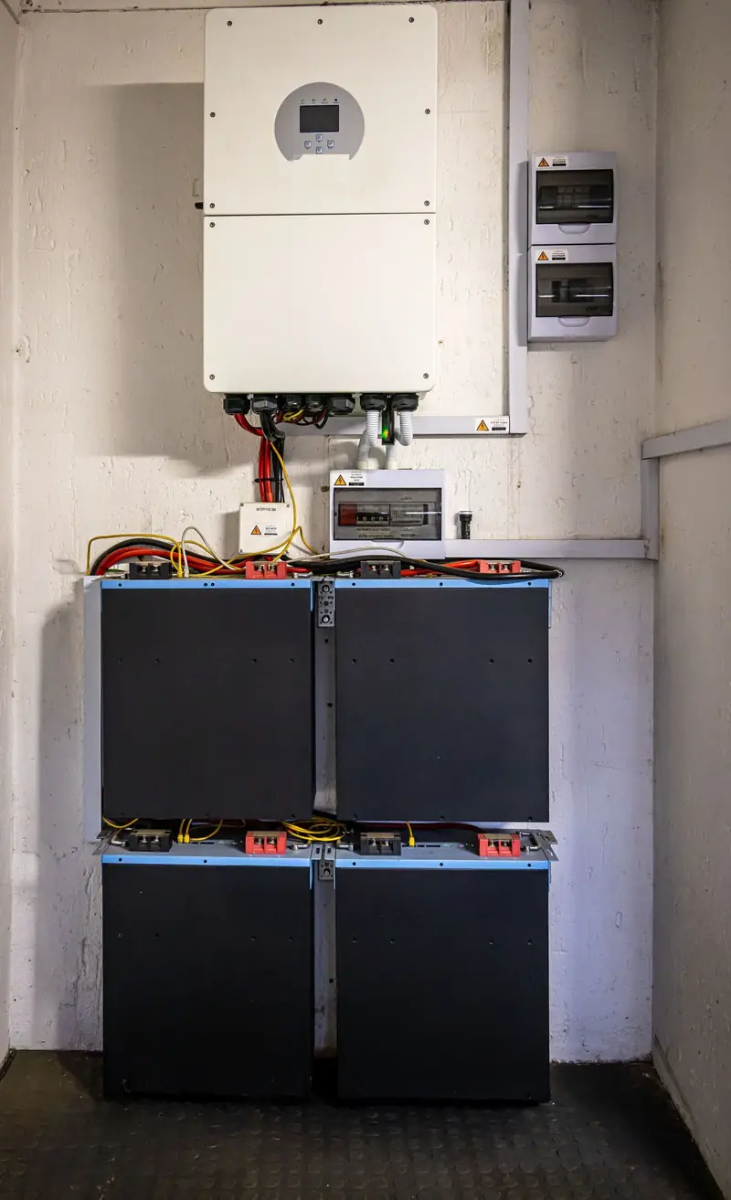Inverter bianco a parete e, sotto, quattro moduli di batteria neri in un locale tecnico.