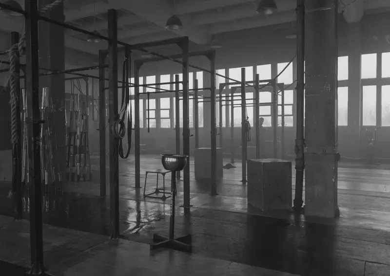 La sala attrezzi: castelli per le trazioni, corde, cassoni e grandi finestre sul fondo.